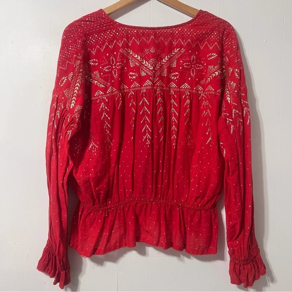 Free People Counting Stars Puff Sleeves Ruffle Hem Boho Peasant Top Size S